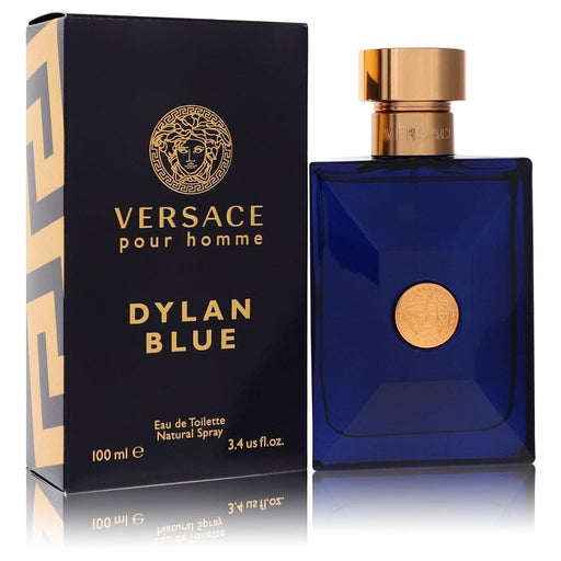 Versace Pour Homme Dylan Blue men's eau de toilette spray, 3.4 oz, featuring a sleek blue bottle and modern packaging.