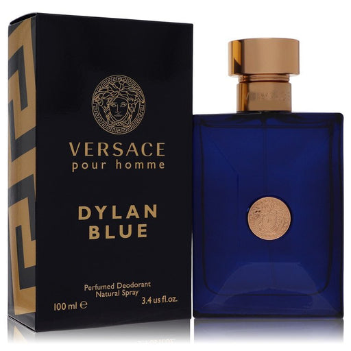 Versace Pour Homme Dylan Blue deodorant spray for men, 3.4 oz, featuring the iconic blue bottle and sleek design.