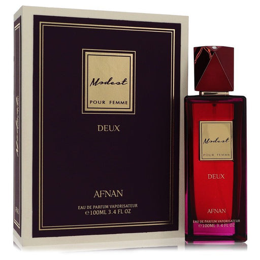 Afnan Modest Pour Femme Deux Eau De Parfum spray for women, 3.4 oz bottle with elegant floral and fruity fragrance details.