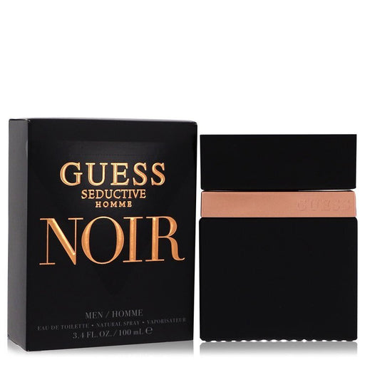 Guess Seductive Homme Noir Eau De Toilette spray for men, 3.4 oz, featuring dark bottle design and sleek branding.