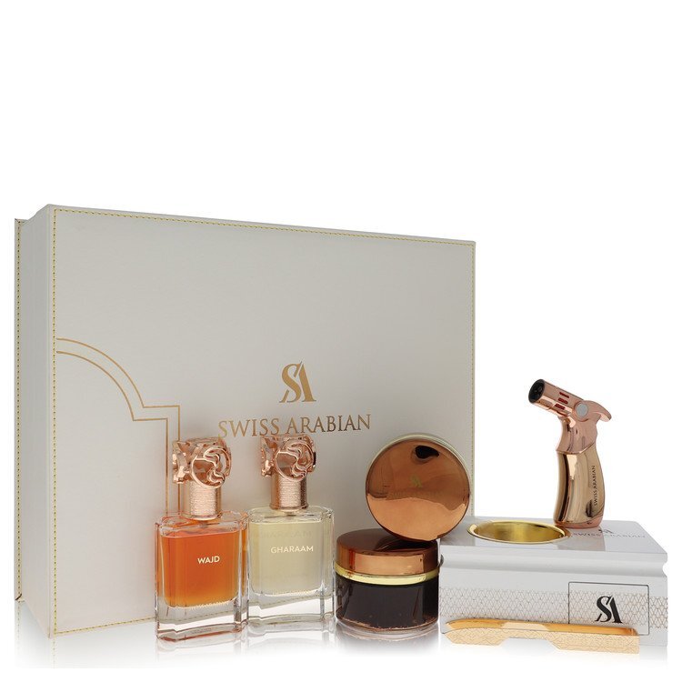 Bakhoor Dukhoon Al Haram by Swiss Arabian Gift Set - 2 x 1.7 oz Eau De Parfum in Wajd & Gharaam + 2 x 60 grams of Incense in Dukhoon Al Haram & Oud Muattar Mumtaz (Men)