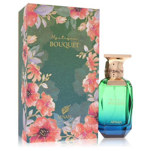 Afnan Mystique Bouquet Eau De Parfum spray bottle for women, featuring floral and fruity fragrance notes in a sleek design.