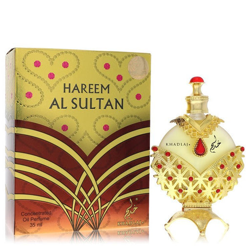 Khadlaj Hareem Al Sultan Gold concentrated perfume oil for women, 1.18 oz, with gold-colored bottle and elegant design