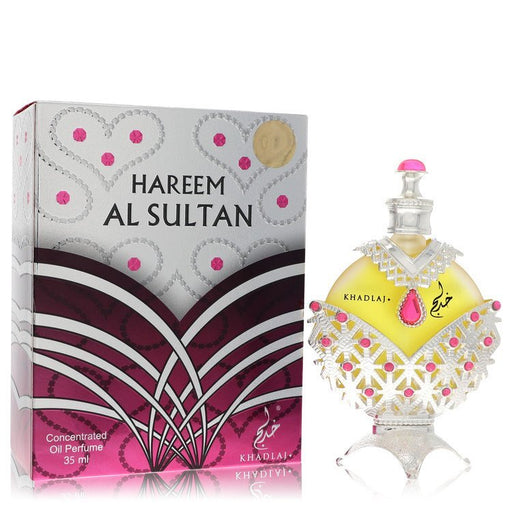 Khadlaj Hareem Al Sultan Silver concentrated perfume oil in 1.18 oz bottle, featuring elegant silver packaging for women and men.