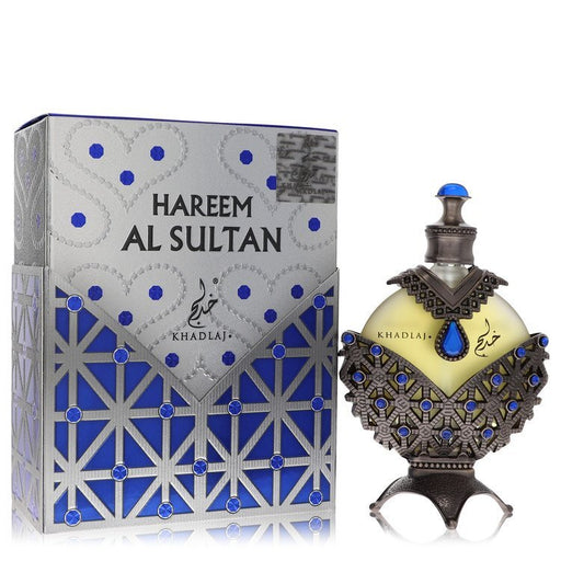 Khadlaj Hareem Al Sultan Blue concentrated perfume oil in 1.18 oz bottle, featuring elegant blue packaging for women and men.