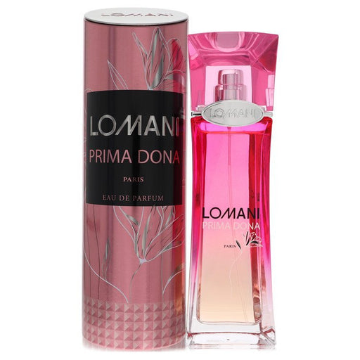 Lomani Prima Dona Eau De Parfum spray for women in a 3.4 oz bottle, featuring elegant packaging and floral fragrance details.