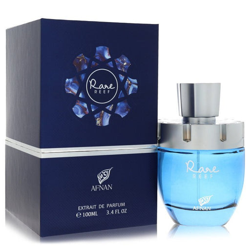 Afnan Rare Reef Extrait De Parfum spray bottle, 3.4 oz, featuring sleek packaging for men and women.