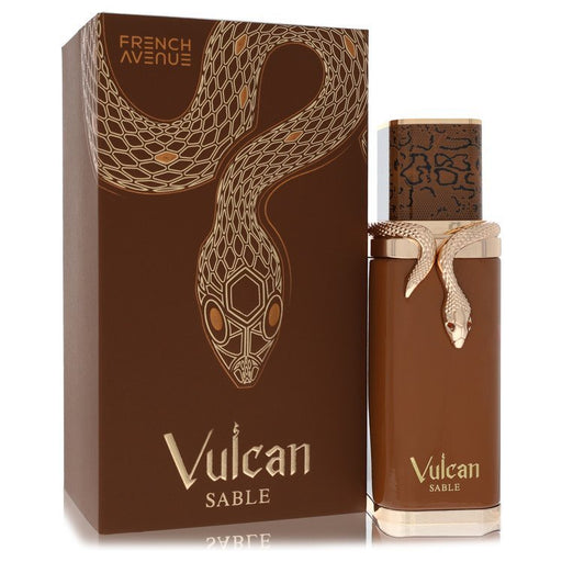 Vulcan Sable by Fragrance World Eau De Parfum spray 3.4 oz for men and women, with a sleek glass bottle and elegant design.