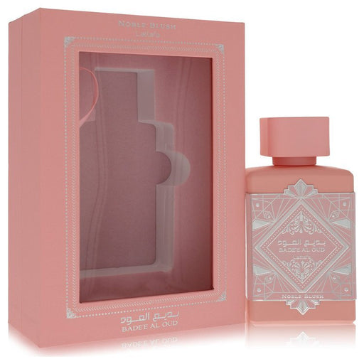 Lattafa Badee Al Oud Noble Blush Eau De Parfum spray for women, 3.4 oz, with elegant bottle and floral accents.