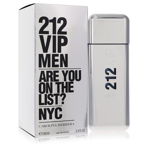 212 VIP by Carolina Herrera men's Eau De Toilette spray 3.4 oz bottle with sleek design and silver cap.