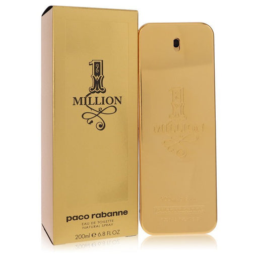 Paco Rabanne 1 Million Eau De Toilette Spray 6.7 oz for men in a sleek gold bottle on a neutral background.